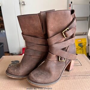 Jeffrey Campbell Brown Moto Boots with Buckle Detail